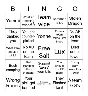 LoL Bingo Card Bingo Card