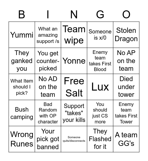 LoL Bingo Card Bingo Card