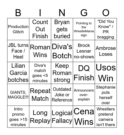 The Rob Kaufman Channel - Live WWE RAW Bingo Card