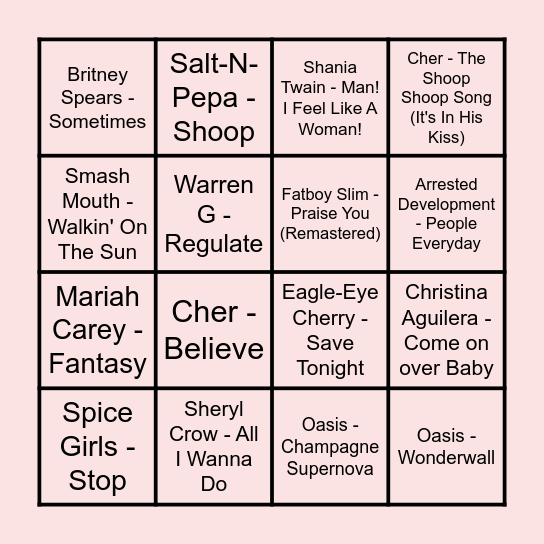 Prince Music Bingo - 90’s Bingo Card