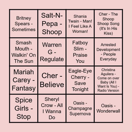 Prince Music Bingo - 90’s Bingo Card