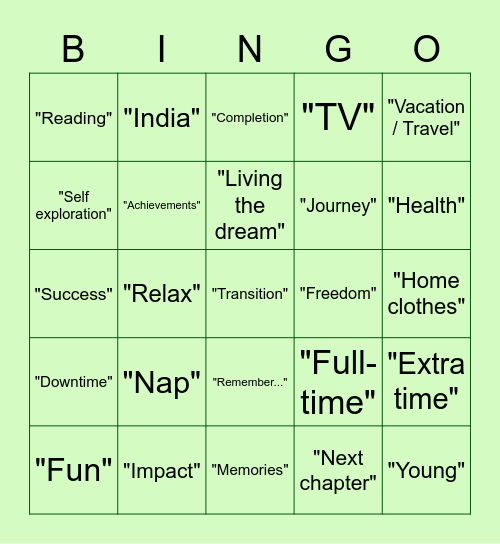 Poonam's Retirement Bingo Card