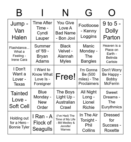 Music Bingo - Ultimate 80s Bingo Card