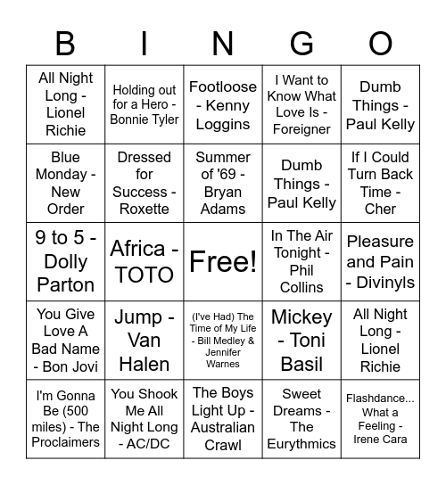 Music Bingo - Ultimate 80s Bingo Card