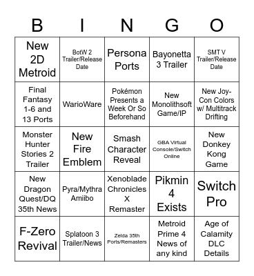 Nintendo E3  Bingo/Wishlist Bingo Card