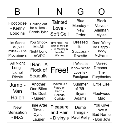 Music Bingo - Ultimate 80s Bingo Card