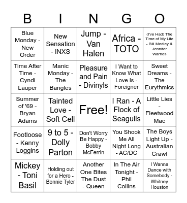 Music Bingo - Ultimate 80s Bingo Card