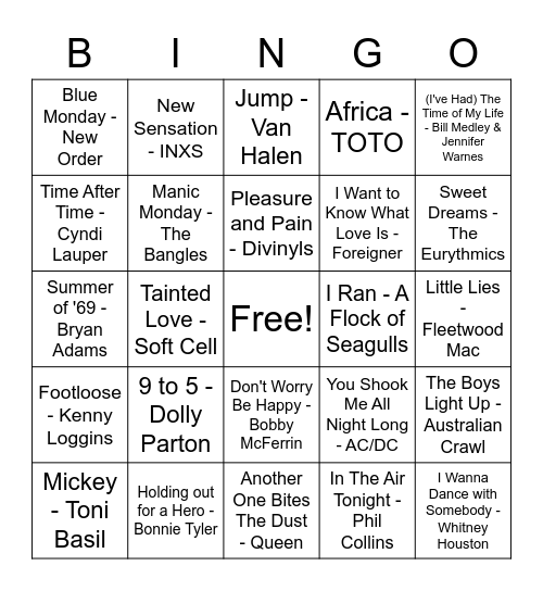 Music Bingo - Ultimate 80s Bingo Card