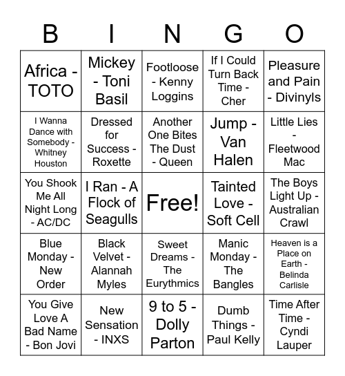 Music Bingo - Ultimate 80s Bingo Card
