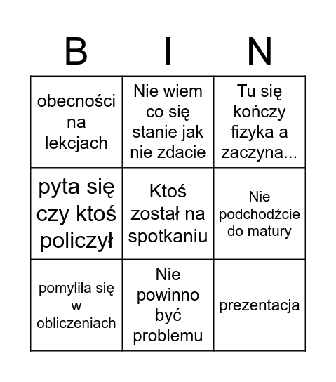 Fizyka/Godz wych Bingo Card