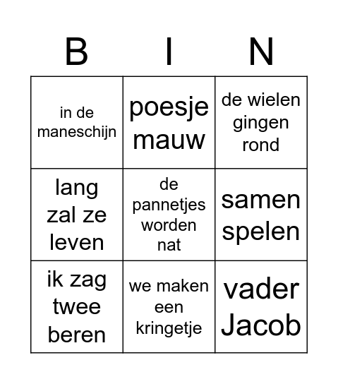 kinderliedjes bingo Card