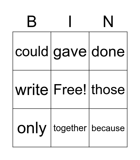 Sight Words Bingo Card