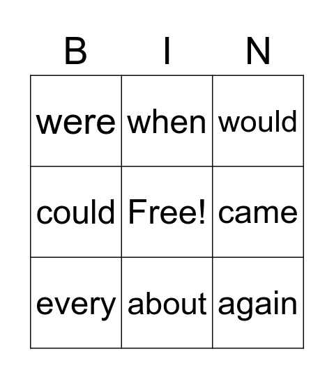 Sight Words Bingo Card
