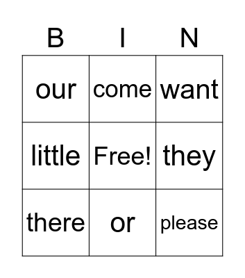Sight Words Bingo Card