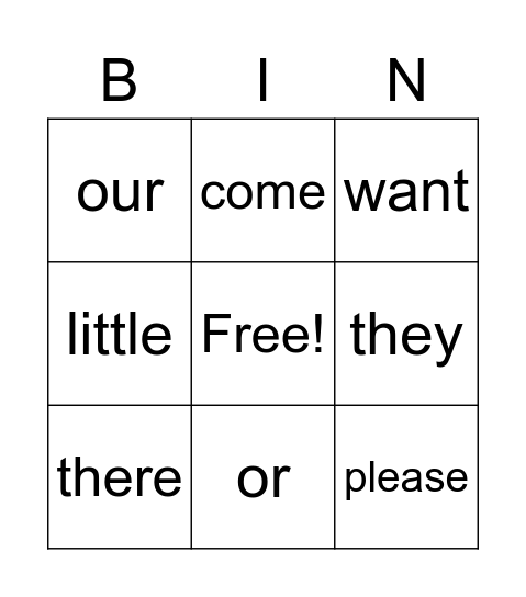 Sight Words Bingo Card