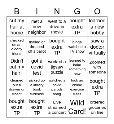 During the last year I.... Bingo Card