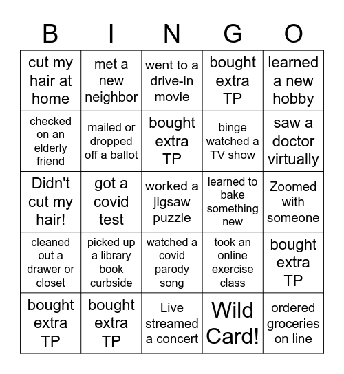 During the last year I.... Bingo Card