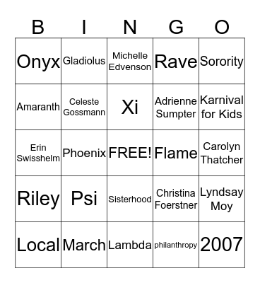 Psi Lambda Xi Bingo Card
