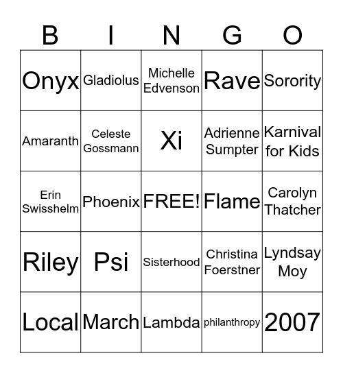 Psi Lambda Xi Bingo Card