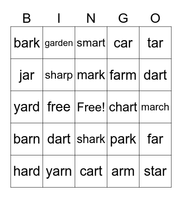 ar Phonics Bingo Card