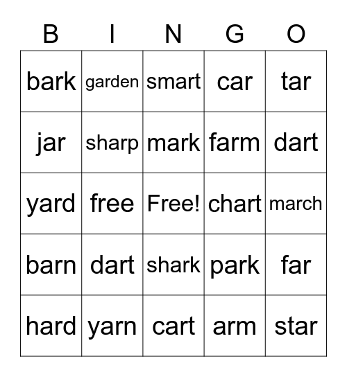 ar Phonics Bingo Card