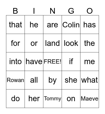 Rowan's Sight Words Bingo Card