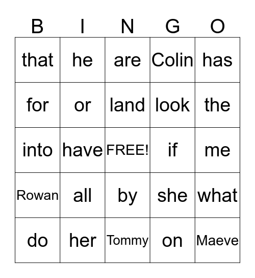 Rowan's Sight Words Bingo Card