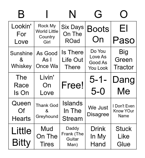 Country Hits Bingo Card