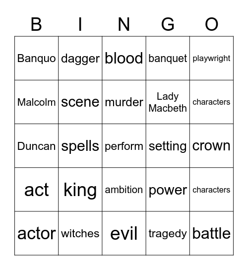 Macbeth Bingo Card