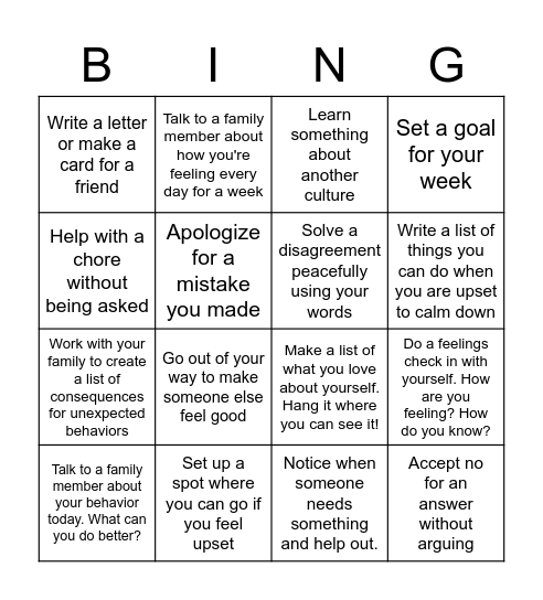 SEL BINGO CHALLENGE Bingo Card