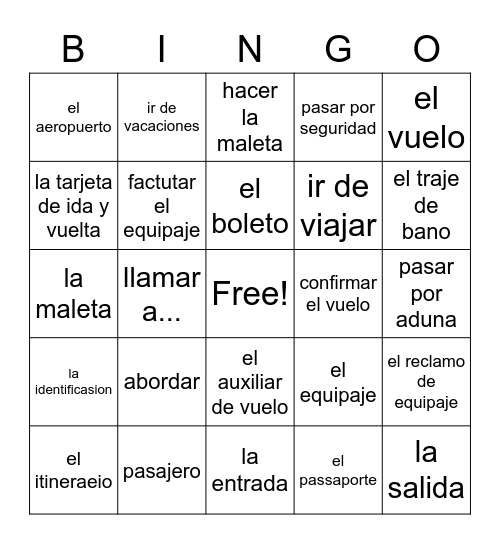 Spanish Bingo - Vacaciones Bingo Card