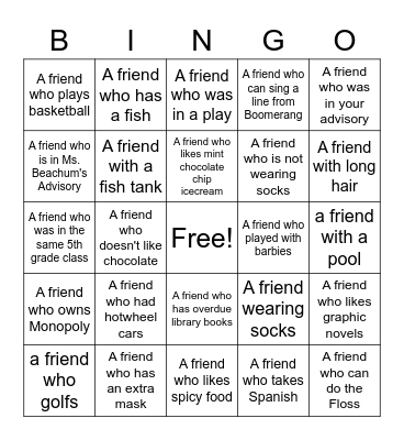 Find That Sixth Grader! Bingo Card