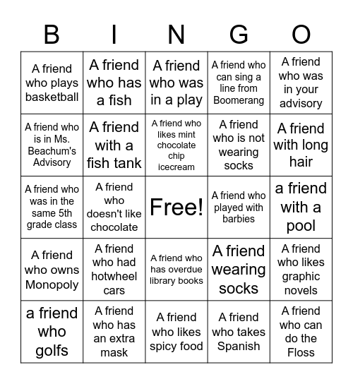 Find That Sixth Grader! Bingo Card