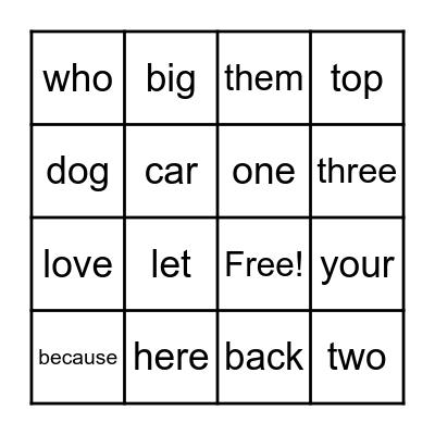 Sight Words Bingo Card