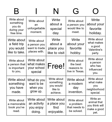 Expository Writing Prompts Bingo Card