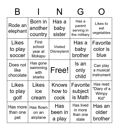 Classmate Bingo Card