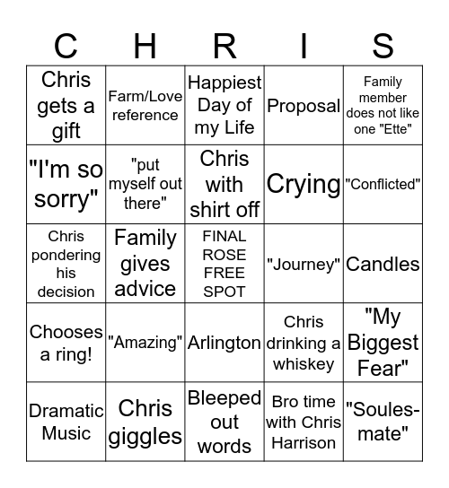 Bachelor Bingo Card