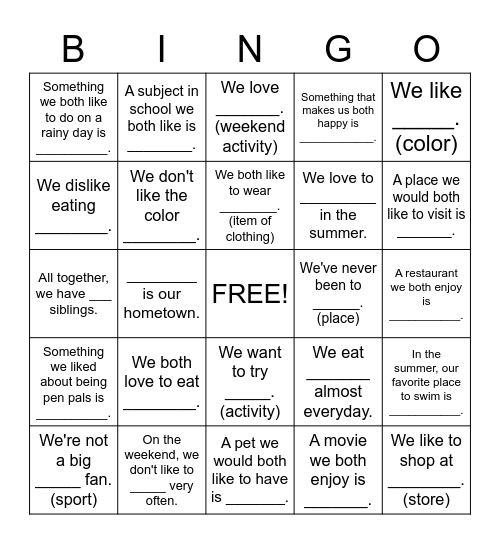 Buddy Bingo - What do we have in common? Bingo Card