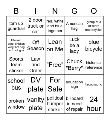 On the Road Again Bingo Card