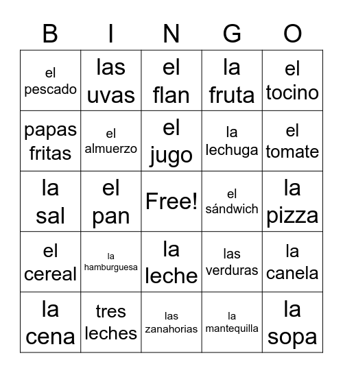 la comida Bingo Card