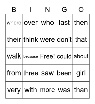 Sight Words Bingo Card