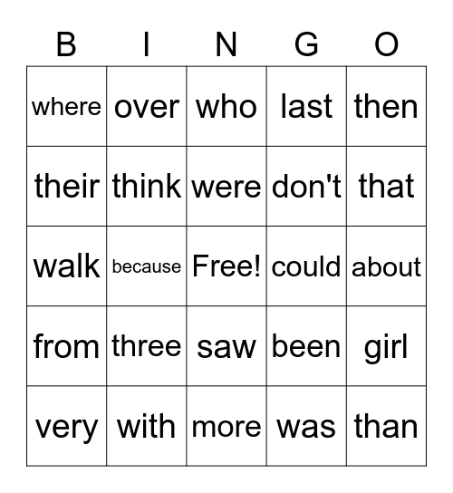 Sight Words Bingo Card