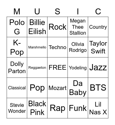 Music Genres Bingo Card