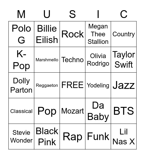 Music Genres Bingo Card