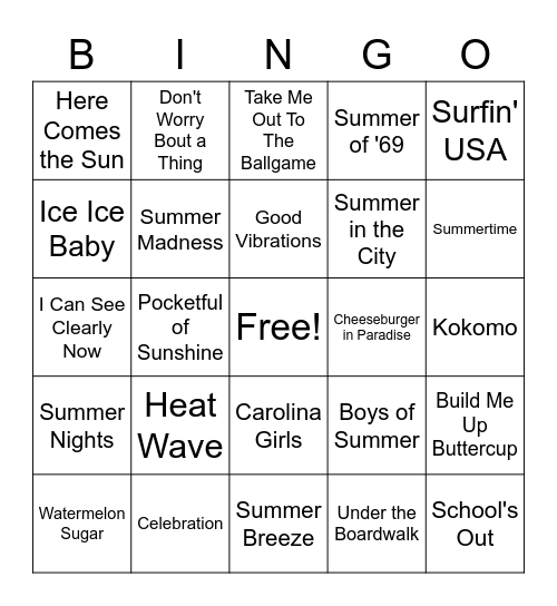 Songs of Summer Bingo Card