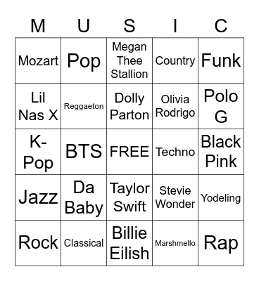 Music Genres Bingo Card