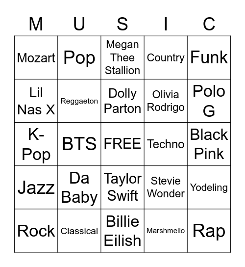 Music Genres Bingo Card