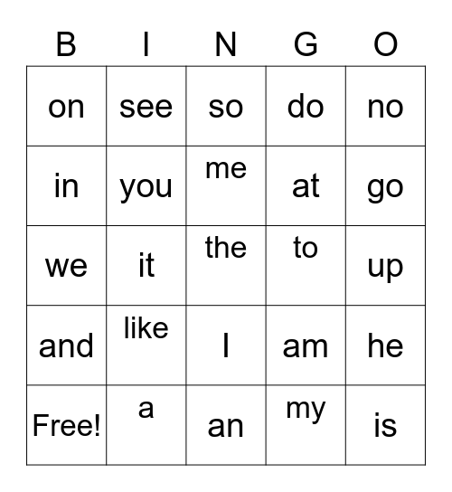 High Frequency Words Bingo Card