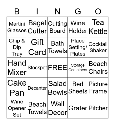 Kim's Bridal Shower Bingo Card