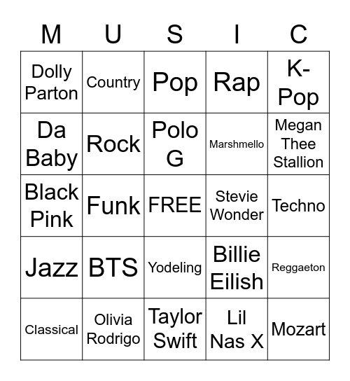 Music Genres Bingo Card